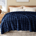 Exclusivo Mezcla Faux Fur Queen Size Blanket for Bed, Luxury Reversible 3D Rabbit Bubble Fuzzy Thick Sherpa Blankets for Winter, Plush Fleece Warm Cozy Bed Throw, 90x90 Inches, Navy Blue