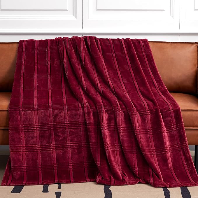 Soft Cozy Plaid Fleece Throw Blanket, 50x60 Inches – 3D Jacquard Diamond Design, Lightweight Blanket for Couch, Sofa, Camping & Travel, Burgandy Red