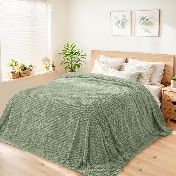 Vessia Flannel Fleece King Size Bed Blanket(108x90 inch), 3D Jacquard Sage Green Fuzzy and Warm Blanket for Adults, 300GSM Super Soft Touch Cozy Lightweight Home Decor for All-Season