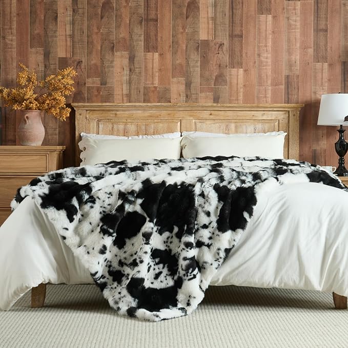 Lotus Karen Faux Fur Throw Blanket Cow Print-Black, Fluffy Fuzzy Plush Bubble Blanket for Couch, 108x90 Inches Cozy Shaggy Rabbit Blanket, Luxury Decorative Gifts for Sofa Bedroom Living Room.