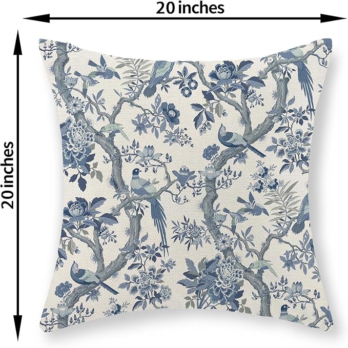 Chinoiserie Pillow Covers 20x20 Set of 2 Blue and White Bird Floral Throw Pillows Vintage Blue Flowers Decorations Outdoor Pillowcase Chinoiserie Decor Farmhouse Cushion Case for Couch Home
