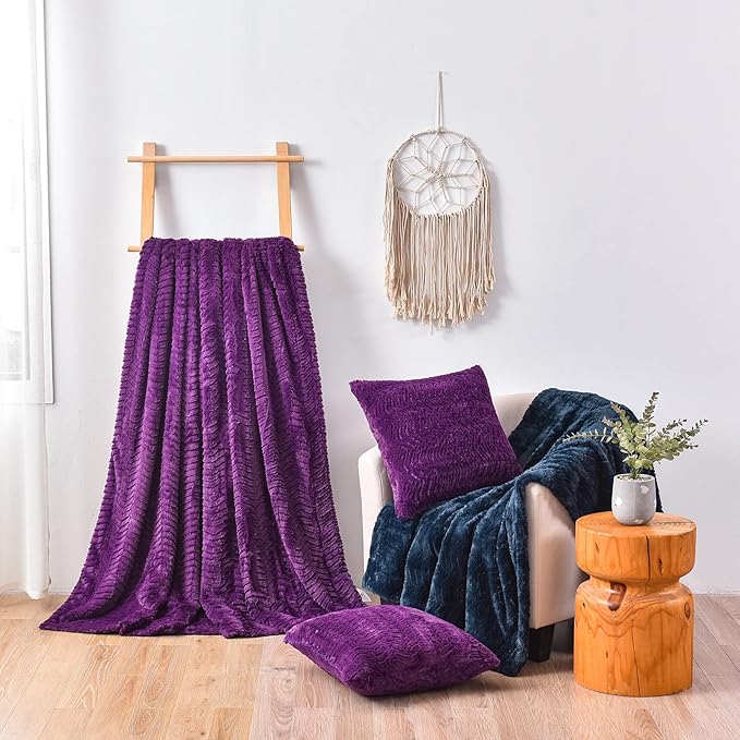 YUSOKI Luxury Faux Fur Blanket for Queen Size Bed 2 Layers,7.3lb,All Ages,Home Decoration Without Pillows (Purple,90"x90")