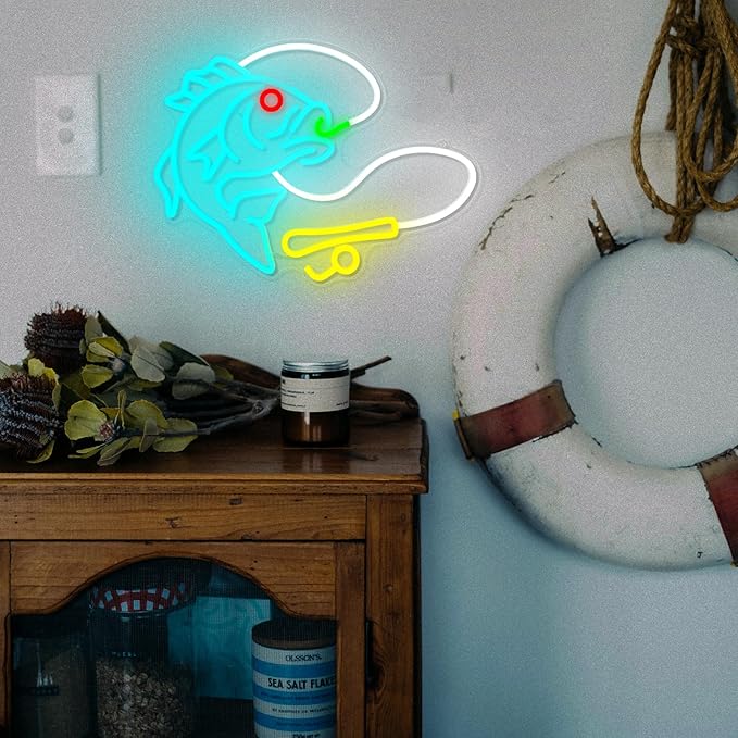 Fishing Neon Sign for Wall Decor, Dimmable Fishing Hook Lights Neon, Fishing Themed LED Neon Light Sign for Fishing Lovers Fishing Gear Store Man Cave Yacht Party Coastal Kitchen Bedroom Boy Presents