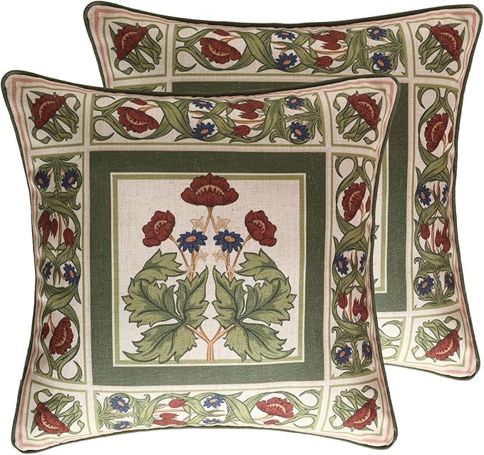 ISAENNE Design Linen Square Throw Pillow Covers 18"x18" Pack of 2, Yellow Green French Cushion Covers with Red Rose Floral Pattern Decoration Pillowcases for Bed, Living Room, Outdoor, Car