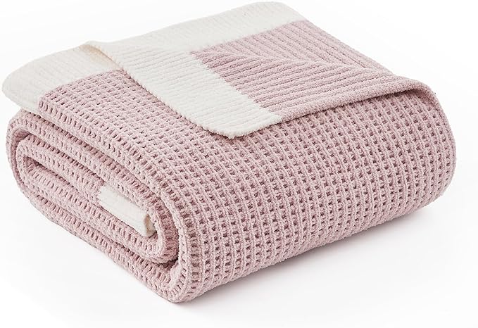 Amélie Home Waffle Throw Blanket for Couch, Soft Cozy Chenille Knit Blanket Warm Decorative Throw for Sofa, 50"x60", Pink