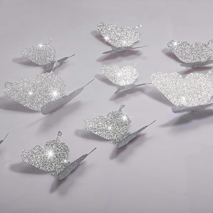 BBTO 48 Pieces Butterfly Wall Decor DIY 3D Mirror Butterfly Stickers Removable Decals Crafts for Birthday Party Bedroom School Bathroom Living Room Decor(Glitter Silver)
