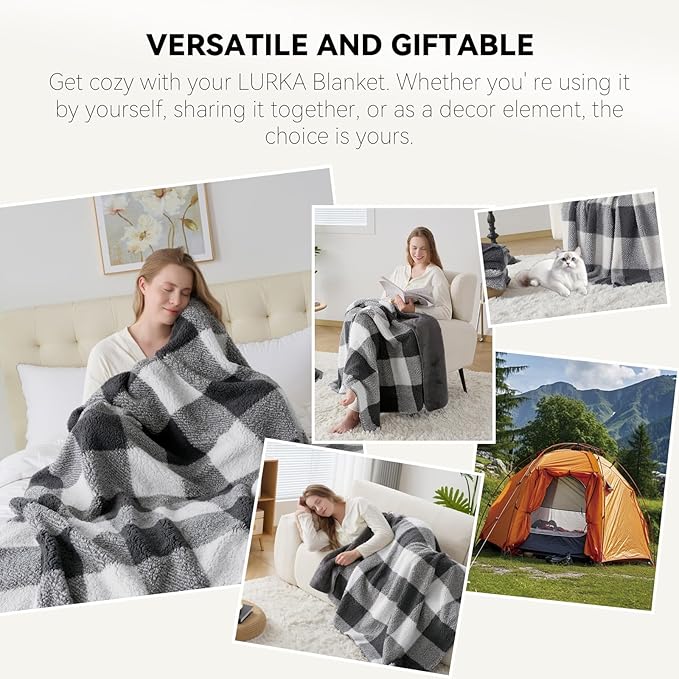 LURKA Checkered Sherpa Fleece Throw Blanket – Soft and Cozy, Medium Weight for All Season, Oversized Plush Throw for Couch, Bed & Pets, Smoke Grey, 90x90 Inches