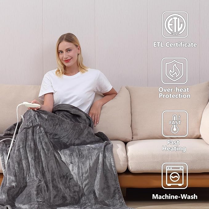 Tefici Electric Heated Blanket Throw, Super Cozy Soft 2-Layer Flannel 50" x 60" Heated Throw with 6 Heating Levels & 4 Hours Auto Off, Machine Washable, ETL&FCC Certified, Home Office Use,Grey
