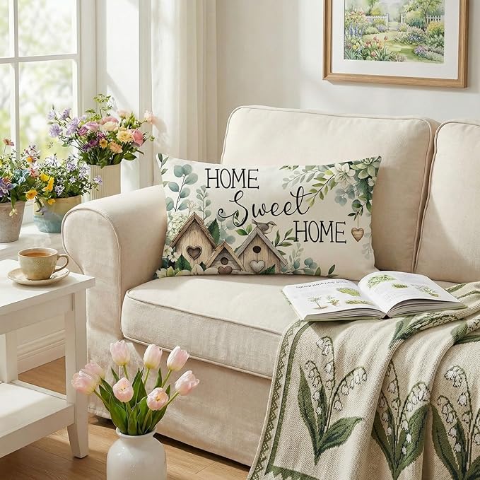 GEEORY Spring Home Sweet Home Pillow Cover 12x20 Inch, Farmhouse Birdhouse Eucalyptus Decor Throw Pillow Case for Sofa, Bedroom, Living Room