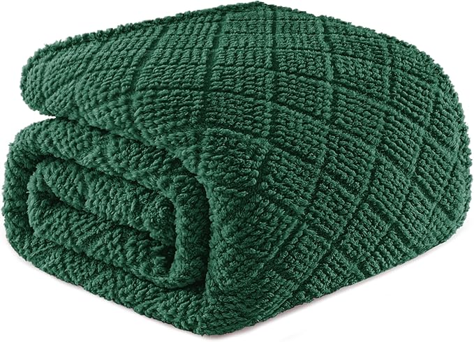 Whale Flotilla Fuzzy Fleece Queen Size Blanket for Bed, Soft Fluffy Jacquard Waffle Blankets for All Season, Lightweight and Warm, 90x90 Inch, Emerald Green