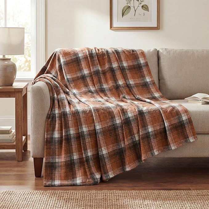 Horaldaily Caramel Brown Farmhouse Plaid Fall Decorative Blanket Throw, Autumn Rustic Soft Lightweight Blanket for Couch Sofa Bed Lounging Decoration, Ideal Gifts for Kids Adults Self, 50x60
