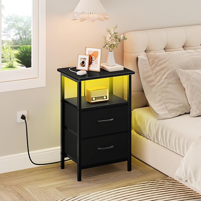 Vagusicc Nightstands Set of 2, Bedside Tables with Charging Station & LED Lights, Black Night Stands with 2 Fabric Drawers, End Table with Storage Shelf, 24.2" Tall Bed Side Table Set of 2 for bedroom