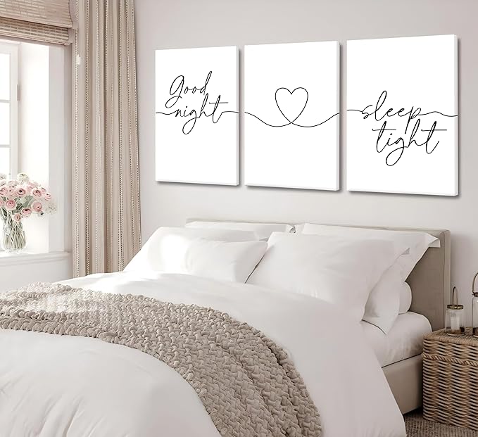 3Pcs Minimalist Style Wall Art Bedtime Quotes Painting Picture Wall Decor Good Night Sleep Well Black Line Art Heart Shape and Phrase Poster Print Artwork for Living Room Bedroom Home Decoratio