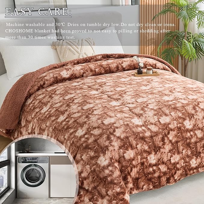 CHOSHOME Sherpa Fleece Blanket- Thick Warm Blanket for Winter, Soft Fuzzy Plush Blanket for Bed, Couch, Travel (Tie Dye Brown, Cal King 96" x 102")