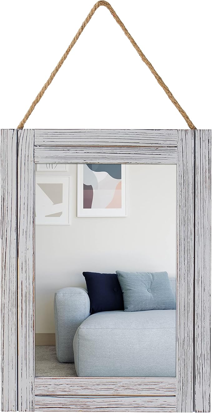 12 x 16 in Wall Decorative Mirror, Rustic Wood Frame Rectangular Mirror with Hanging Rope for Entryway, Bedroom, Guest Bathroom, Living Room, Bedroom - Grey