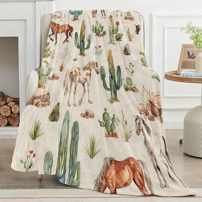 Western Horse Blanket with Cactus and Wild Mustang Pattern Throw Blankets Lightweight Flannel Throws for Camping Couch Chair Office Bed Rustic Home Decor Gifts for Adults,80x60inch