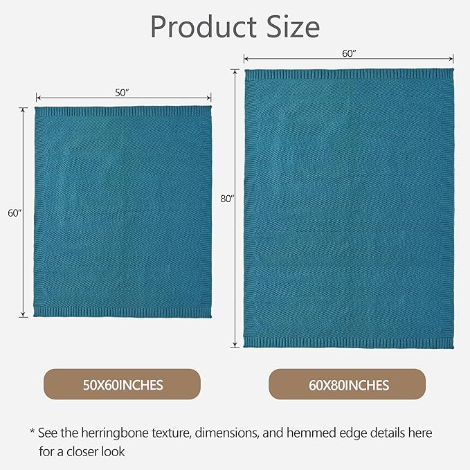 Knitted Throw Blanket 60"X80", Teal Knit Throws for Bed, Super Soft Boho Chevron Blankets for Couch Sofa Chair Room Decor, Textured Decorative Farmhouse Cozy Lightweight