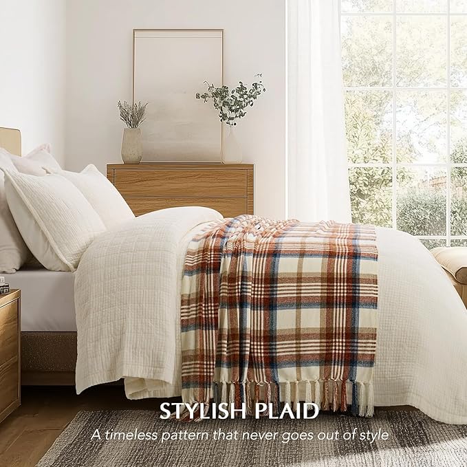 EverGrace Plaid Chenille Throw Blanket for Couch, Super Soft Cozy Decorative Fall Throw Blanket with Tassels for Bed Sofa Farmhouse Decor, Lightweight Harvest Plaid Throw Blanket for Autumn, 50"x60"