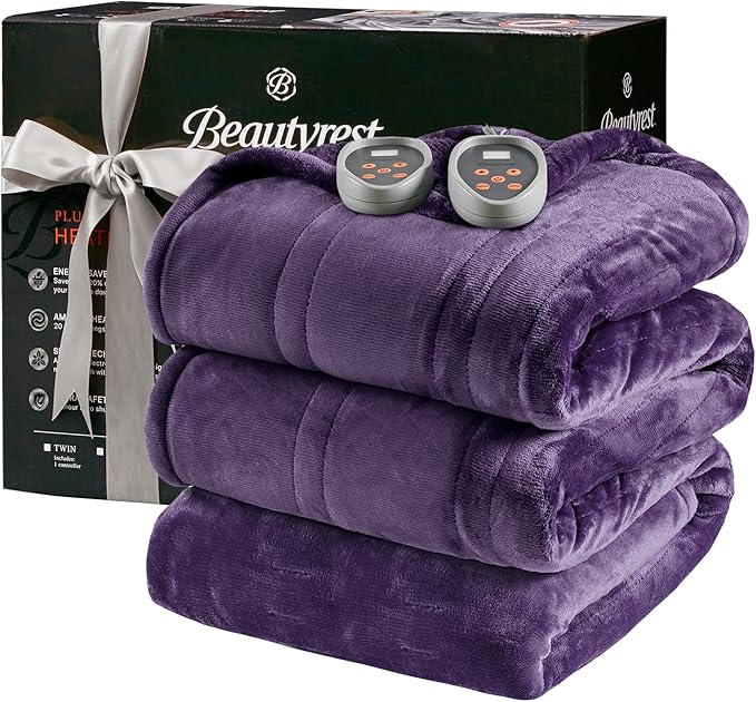 Beautyrest Heated Blanket, Electric Blanket, Soft, Warm, Reversible Plush - Sherpa Heating Blanket with 20 Heat Settings, 1-10 hrs Timer Auto Shut Off, Machine Washable, Queen (90 inx84 in), Purple