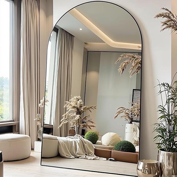 Full Length Floor Mirror, 91x46 Inch Oversized Arched Standing Mirror in Black for Bedroom, Living Room, Dressing Room - Elegant Freestanding Leaning Mirror Decor