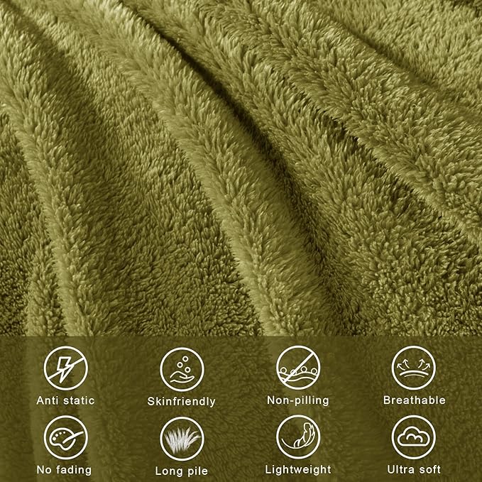 Exclusivo Mezcla King Size Blanket for Bed, Super Soft Velvet Plush Fleece Blankets, Fuzzy Cozy and Warm for Winter, 90x104 Inches, Olive Green