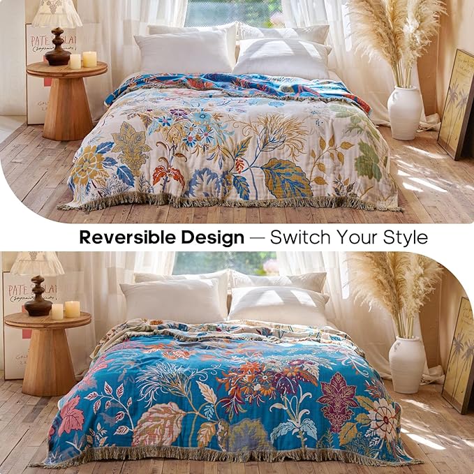Boho Throw Blanket 50"x60" Floral Couch Blanket with Sunflowers,100% Cotton Soft Breathable Lightweight Spring Decorative Tassel Reversible Blankets for Sofa Bed Decor All Season