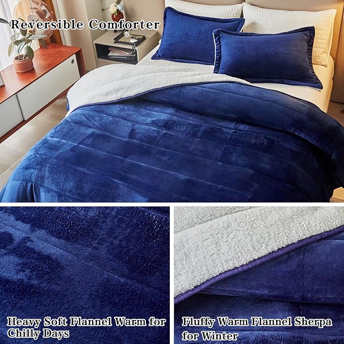 3-Layer Luxury Flannel Fleece Thick Bed Blanket Twin Size, Soft Plush Velvet Sherpa Blanket with 2 Pillow Shams Heavy Warm for Winter, Breathable n Washable, Navy Blue