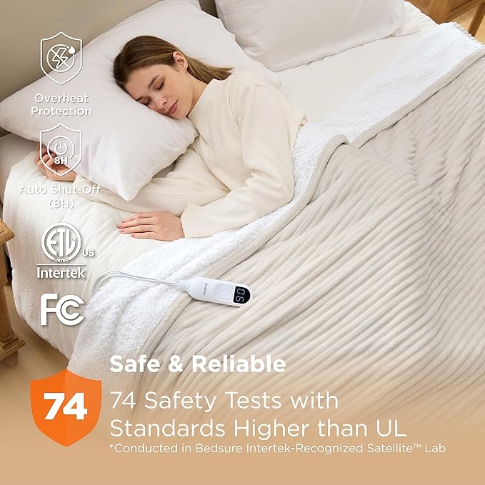 Bedsure GentleSoft Electric Blanket Twin - Soft Ribbed Flannel Heated Blanket, Heating with 10 Time Settings, 6 Heat Settings, and 8 hrs Timer Auto Shut Off, Gifts for Grandma (62x84 inches, Cream)