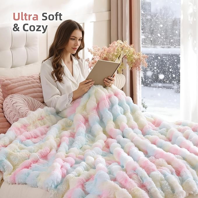 Smoofy Faux Fur Throw Blanket for Couch – Rainbow Fluffy Cozy Rabbit Fleece, Plush Soft Bubble Blanket for Sofa & Bed, for Mom, Warm Fuzzy Home Room Decor Throw 60" x 80"