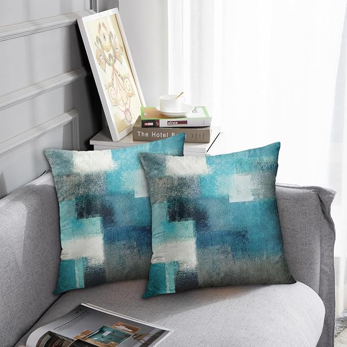 Britimes Throw Pillow Covers Modern Home Art Decor, 18 x 18 Inches Set of 2 Pillow Cases Decorative, Abstract Oil Painting Pillowcases for Bedroom, Living Room, Teal Peacock Blue