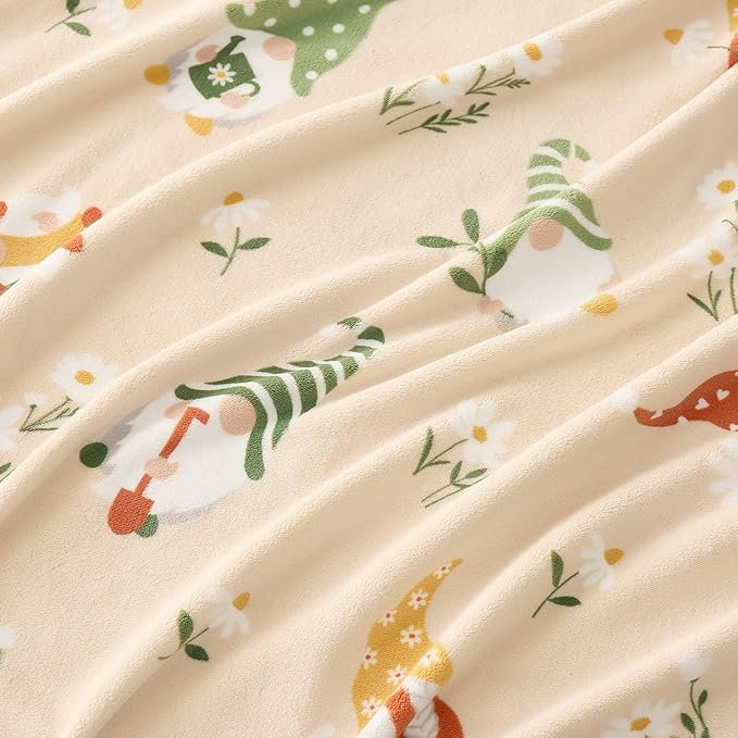 Cozy Bliss Gnome Spring Throw Blanket - Garden Daisy Floral Design, Warm MilkyPlush Throw Blankets, Ultra Soft Cozy Blankets for Couch, Sofa and Bed, Beige, 60X80inches