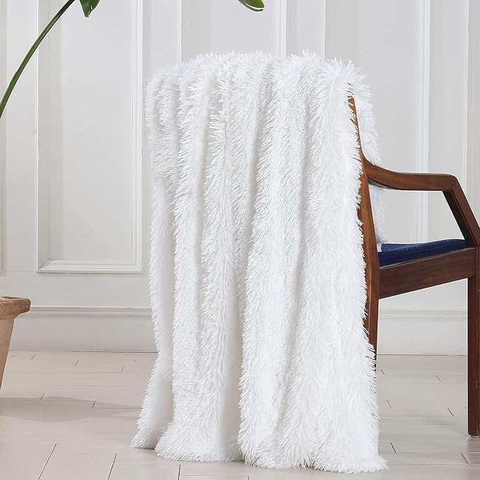 Tuddrom Decorative Extra Soft 100% Polyester Blanket Queen Size 80"x90",Solid Reversible Fuzzy Fluffy Plush Fur Blanket for Couch Sofa Bed,Pure White