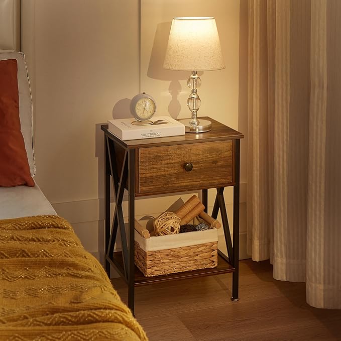 VECELO Nightstands Set of 2, Modern Bedside End Tables, Night Stands with Drawer and Storage Shelf for Living Room Bedroom, Industrial Metal Frame
