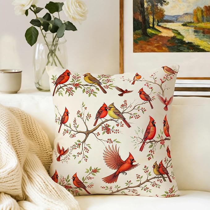 2 Pack Cute Red Cardinal Bird Throw Pillow Covers 18x18, Spring Easter Decorative Pillow Cases, Rustic Cushion Covers for Sofa Living Room Couch Bedroom, for Bird Lovers, Boho Home Decor