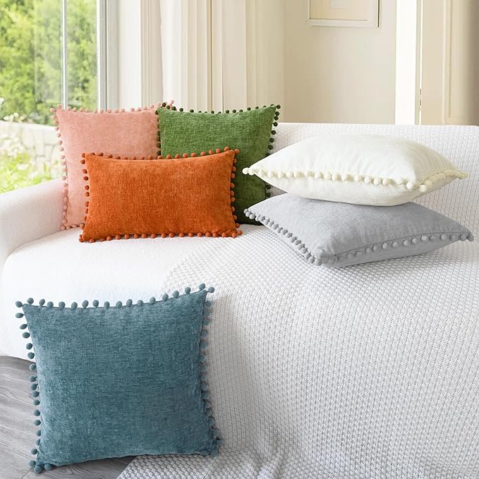 CaliTime Throw Pillow Covers Decorative 16 X 16 Inches Pack of 2 Cozy Solid Dyed Soft Chenille Cushion Cases with Pom Poms for Couch Sofa Bed Living Room Home Smoke Blue