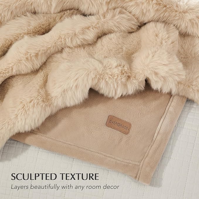 EverGrace Ultra Soft Luxury Fluffy Faux Rabbit Fur Throw Blanket, Thick Warm Bubble Throw for Bed, Cozy Plush Reversible Blankets for Couch, Chair, Sofa, Cream, 80x90 Inches