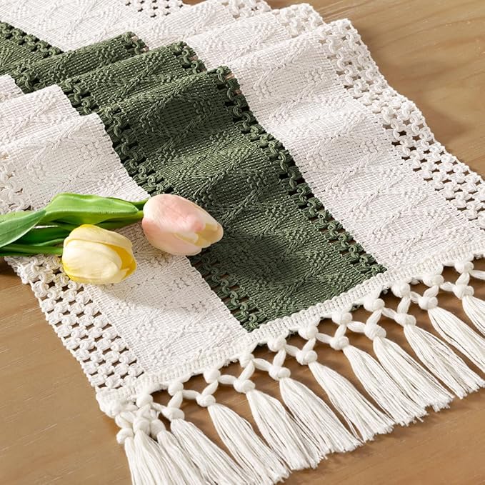 Socomi Boho Table Runner Easter Spring Farmhouse Rustic Dining Kitchen Centerpiece Decor Small Macrame Woven Cotton Linen Coffee Table Runner for Dresser Scarf Home Decor 12x90 inch Olive Green