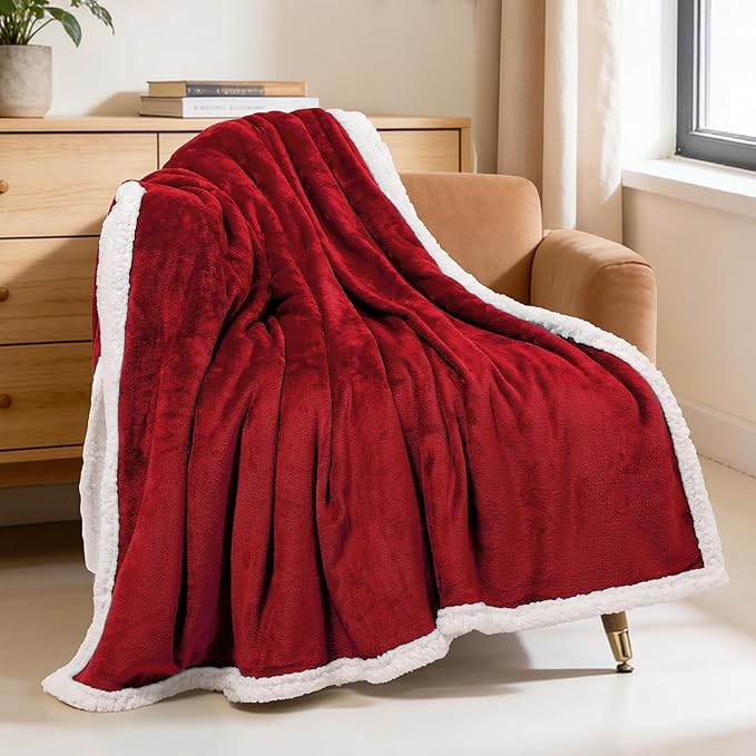 BEAUTEX Sherpa Fleece Throw Blankets, Soft Fluffy Flannel Plush Blanket and Throw, Fuzzy Cozy Red Cuddle Blankets for Couch Bed Sofa Adults (50" x 60", Wine)