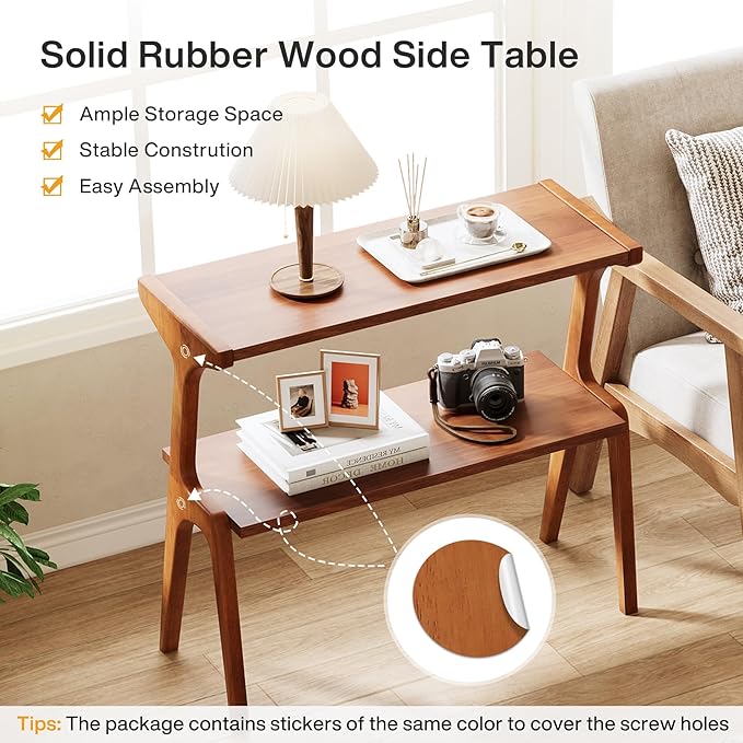 Tribesigns Set of 2 Solid Wood End Table, Modern Side Table for Couch, 2-Tier Narrow Tall End Table, Long Bedside Table for Living Room, Bedroom, Walnut