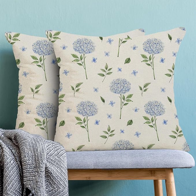 AEIOAE Spring Pillow Covers 18x18 Inch Set of 2, Blue Green Hydrangea Flower Leaves Throw Pillows Case,Floral Summer Outdoor Seasonal Decorative Farmhouse Decor Cushion Covers for Home Sofa Bed Couch