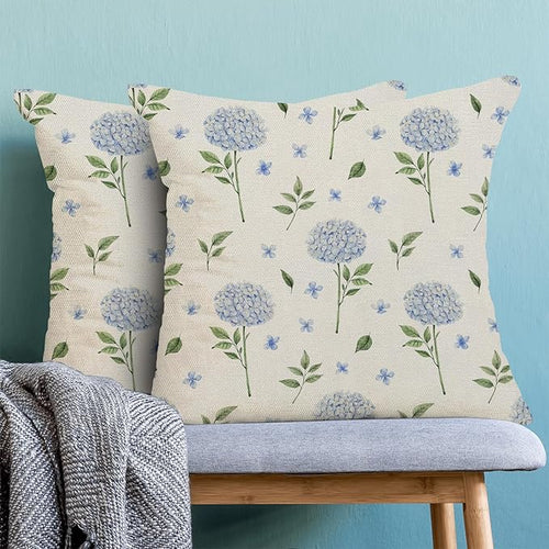 AEIOAE Spring Pillow Covers 18x18 Inch Set of 2, Blue Green Hydrangea Flower Leaves Throw Pillows Case,Floral Summer Outdoor Seasonal Decorative Farmhouse Decor Cushion Covers for Home Sofa Bed Couch