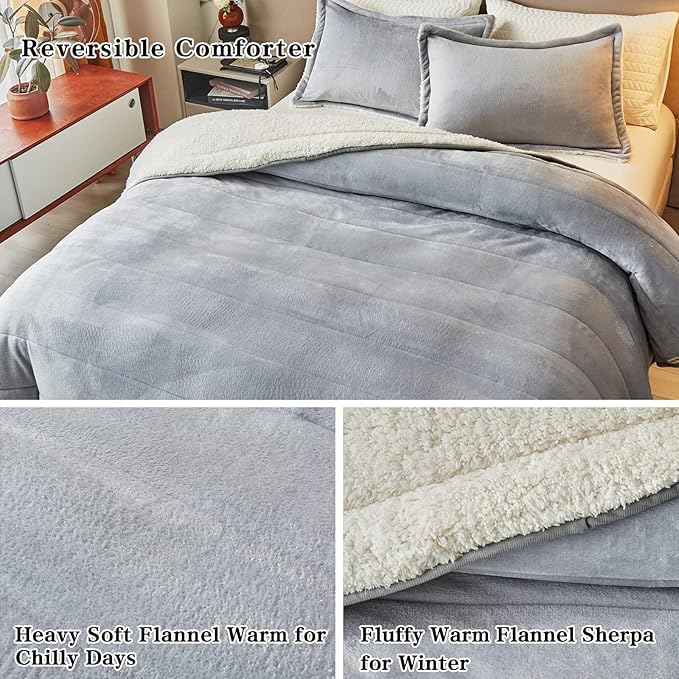 3-Layer Luxury Flannel Fleece Thick Bed Blanket Full Queen Size, Soft Plush Velvet Sherpa Blanket with 2 Pillow Shams Heavy Warm for Winter, Breathable n Washable, Gray