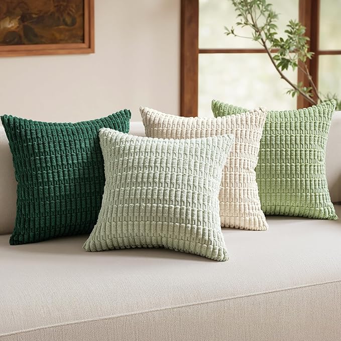 MIULEE Pack of 4 Summer Neutral Corduroy Decorative Throw Pillow Covers 20x20 Inch Farmhouse Boho Rustic Soft Striped Pillow Covers Home Decor for Sofa Living Room Couch Bed Green
