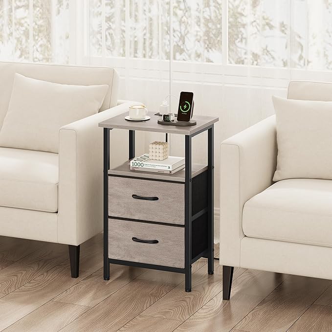 Vagusicc Nightstand with Charging Station, Side Table with 2 Fabric Drawers, Bedside Table with Open Shelf, 24.2" Tall End Table with USB Ports and Outlets, Night Stand for Bedroom, Greige