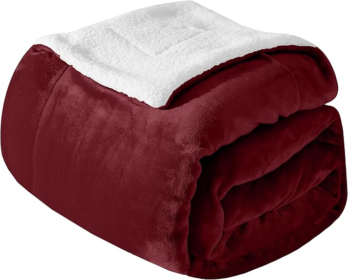 Mocassi Premium Ultra-Soft Velvet Touch Flannel Fleece Sherpa Throw - Warm Cozy Reversible Plush Micromink Throw Blanket for Couch, Bed and Sofa - Fluffy, Christmas Winter Bedding Gift, Burgundy