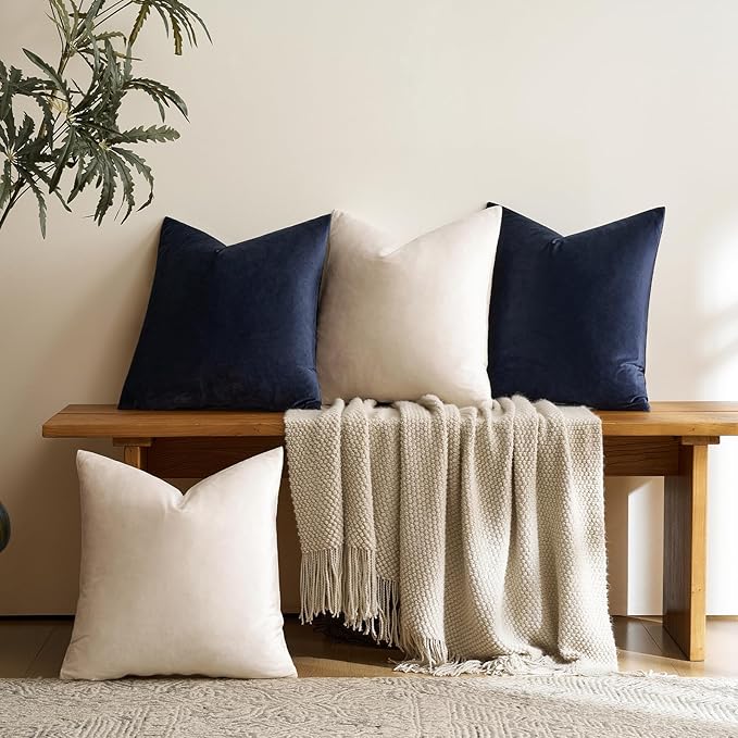 GIGIZAZA Decorative Velvet Pillow Covers - 18x18 Throw Pillows Soft Navy Blue Beige Covers Accent for Couch Living Room Bed Square Modern Luxury Cushion Covers Home Decor Set of 4