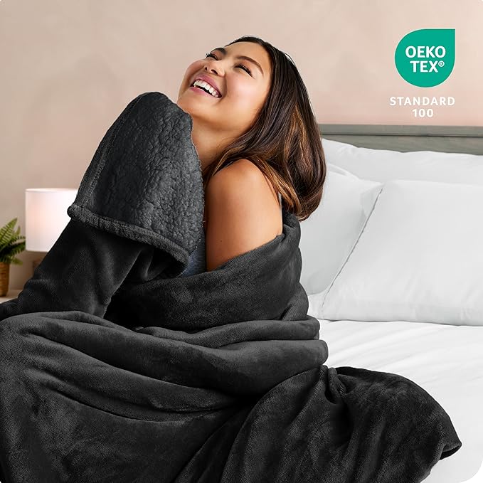 Bare Home Sherpa Fleece Blanket - King Size - Blanket for Bed, Sofa, and Couch - Warm & Lightweight - Fluffy & Soft - Reversible (King, Black - Black)