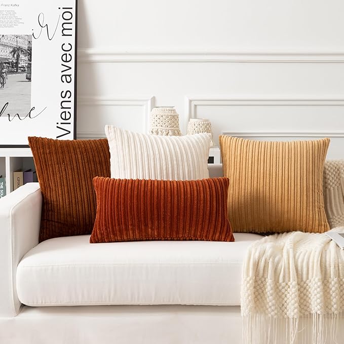 UGASA Fall 14x24 Inch Pillow Cover Pack of 1 Soft Boho Stripe Corduroy Long Rectangle Lumbar Cushion Case Farmhouse Decorative Throw Pilowcase for Bed, Couch, Sofa, Bedroom, Living Room, Burnt Orange