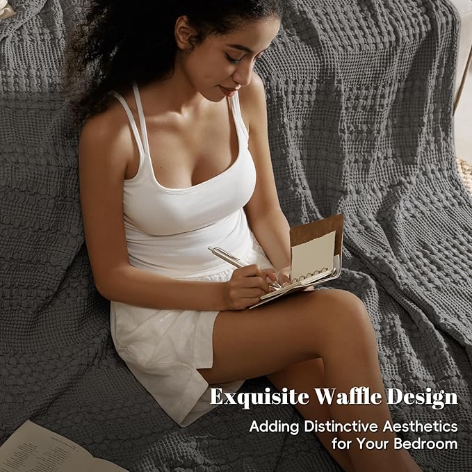 PHF 100% Cotton Waffle Weave Blanket King Size for Bed, Soft Lightweight & Breathable for Spring and Summer, All-Season Comfort, Luxury Aesthetic Blanket for Home Decor, 108"x90", Charcoal Grey