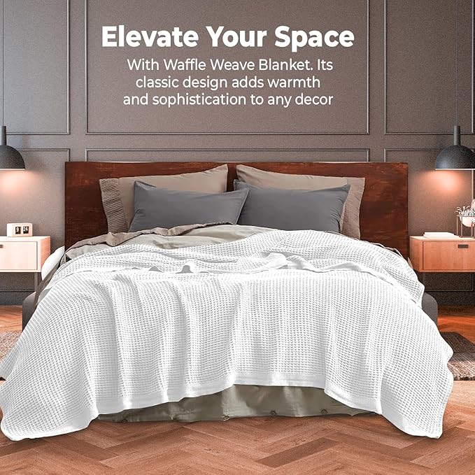 100% Cotton Blankets for Bed - Waffle Weave Blankets for Summer, Lightweight and Breathable Soft Woven Blanket for Spring (White, Queen (90" x 90"))